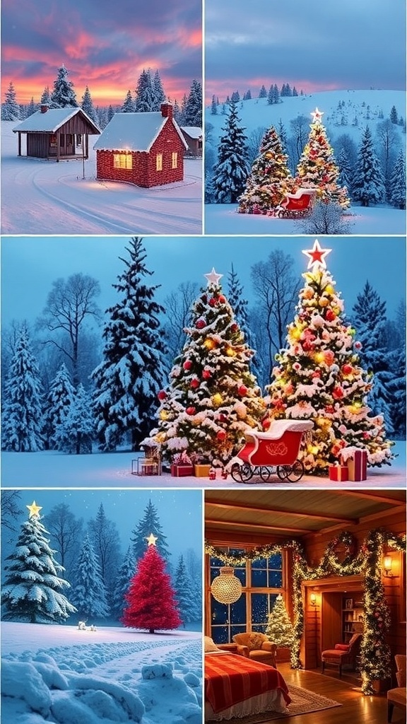 A selection of beautiful Christmas-themed HD wallpapers showcasing winter landscapes and festive decorations.